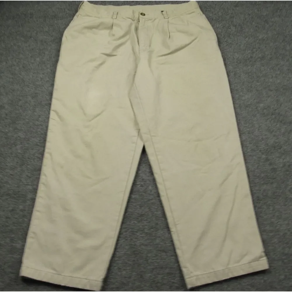 LL Bean Pants Men 36x27 Cream Beige Flannel Lined Pleated Natural‎ Fit Flawed